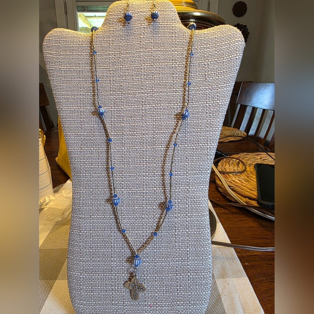 Blue Beaded Cross Necklace And Earrings Set